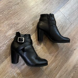 BAMBOO Black Ankle Boots with Silver Buckle, Cutout, and Heeled - Size 7